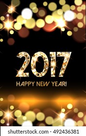 New Year greeting card with gold bokeh lights