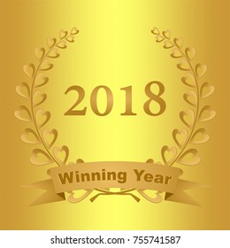 New year greeting card with gold laurel wreath composed of two branches with colorful hearts and stems with a gold ribbon for the 2018 year on a gold background 