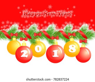 New Year greeting card, gold and red christmas balls, fir tree branch and snowflakes, greeting inscription Happy New Year on red background