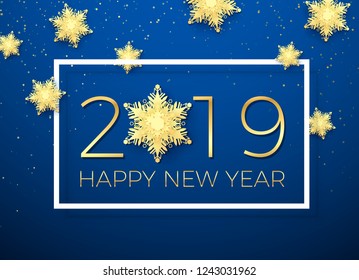 New Year greeting card. Golden Text Happy New Year 2019 with gold snowflake. Holiday creative greeting card design with white frame and golden snowfall. Vector illustration on blue background