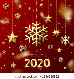 New Year Greeting Card with golden Stars, Snowflakes, Beads and Confetti on a red background .Realistic golden snowflake. Vector illustration.