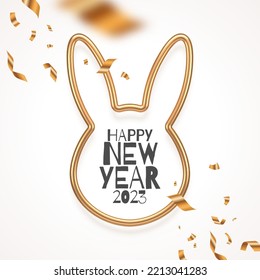 New year greeting card with golden rabbit outline and confetti. Year of the rabbit vector illustration.