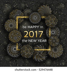 New Year greeting card with golden fireworks. Vector illustration
