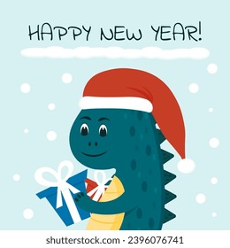 New year greeting card with green dragon in santa claus hat