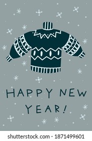 New year greeting card. Hand drawn cartoon vector illustration with blue sweater. Happy new year and merry Christmas.