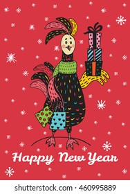 New Year greeting card with hand drawn Rooster. Vector hand drawn illustration of Rooster on red background.