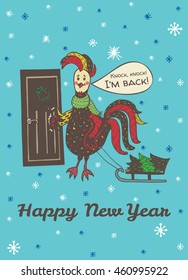New Year greeting card with hand drawn Rooster. Vector hand drawn illustration of Rooster on blue background.