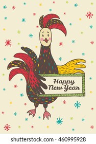 New Year greeting card with hand drawn Rooster. Vector hand drawn illustration of Rooster on beige background.