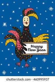New Year greeting card with hand drawn Rooster. Vector hand drawn illustration of Rooster on dark blue background.