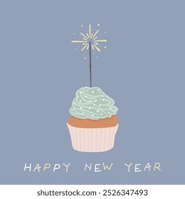 New Year greeting card. Hand-drawn illustration cupcake with green frosting and sprinkler on a blue background.