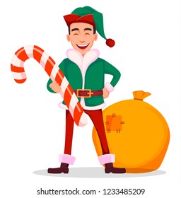 New Year greeting card. Handsome Santa Claus helper elf. Cheerful cartoon character holds candy cane. Vector illustration on white background