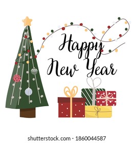 
new year greeting card happy new year and merry christmas. winter print for the design of mugs, cards, notebooks, t-shirts, gifts with a tree, gifts and a gerland