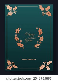 New Year greeting card with Happy New Year text. Blue background decorated with gold holly leaves and berries arranged in corners and a wreath. Elegant, festive, seasonal winter holiday design