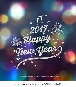 New Year Greeting card, Happy New Year 2017, Handwritten Typography over blurred background