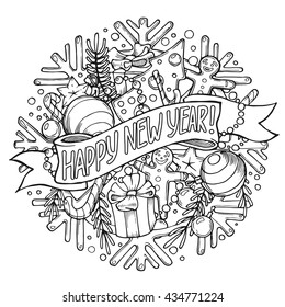 New Year greeting card with holiday stuff. . Black and white