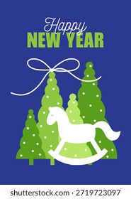 New Year greeting card.
Illustration of the decorative Christmas trees and cute rocking horse