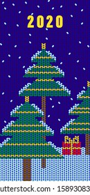 New Year greeting card with the image of Christmas trees covered in snow and a gift