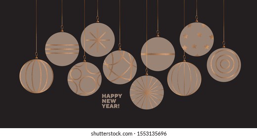 New year greeting card or invitation in beige and black color. Elegant serious style Christmas balls for office and business vibes projects. xmas decor.
