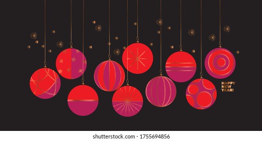 New year greeting card or invitation in red and pink color. Elegant formal style Christmas balls for office and business vibes projects. xmas decor with mid0century vintage vibes.