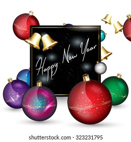 New Year Greeting Card or Invitation with Christmas balls and bells.
Vector illustration