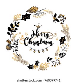 New Year greeting card or invitation in the style of handmade with a Christmas wreath. Merry Christmas
