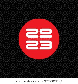 New Year greeting card in Japanese style on black background. Inscription 2023 inside red sun.