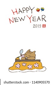 New year greeting card with lazy boar sleeping in Kotatsu futon for year 2019