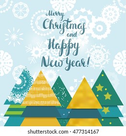A New Year greeting card with a light blue background with snowflakes, Christmas trees, and handwritten text; scalable vector graphic