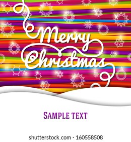 New Year greeting card made with swirl lettering of "Merry Christmas" on the bright background made from colorful laces. With place for your text on the winter scape paper shape. Vector. 