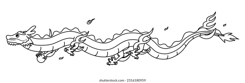 New Year greeting card material for the year of the dragon 2024, dragon flying in the sky with body lying down, black and white line drawing, Vector Illustration