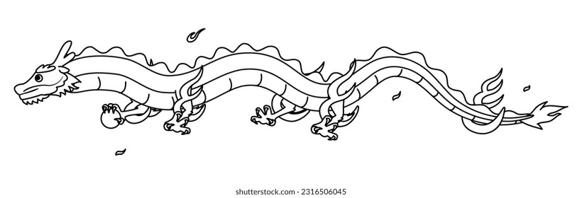 New Year greeting card material for the year of the dragon 2024, dragon flying in the sky with body lying down, black and white line drawing, Vector Illustration