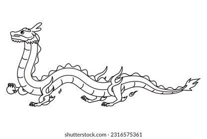 New Year greeting card material for the year of the dragon 2024, dragon walking on four legs, black and white line drawing, Vector Illustration
