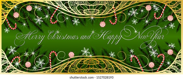 New Year greeting card Merry Christmas and Happy New Year on green background