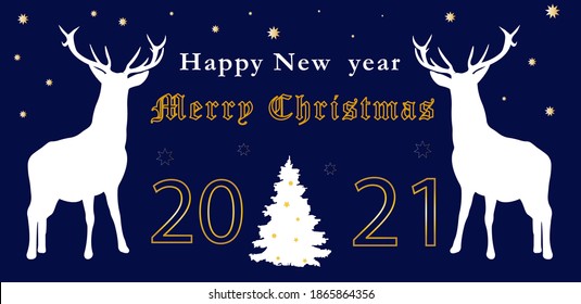 New year greeting card merry christmas and happy new year with white deer on the sides. Gold numbers 2021 with a white Christmas tree in the middle. Vector illustration.