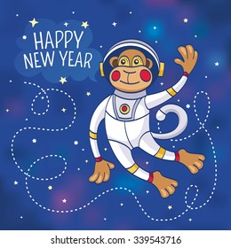 New Year greeting card with a monkey astronaut, vector illustration, contains gradient mesh