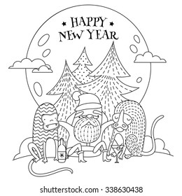 New Year greeting card with monkeys and Santa.  Happy New Year. Vector illustration