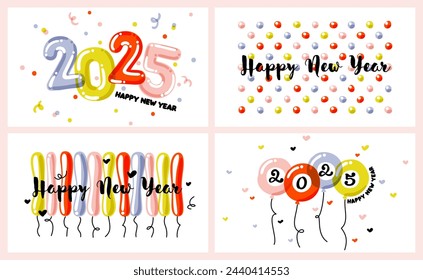 New Year greeting card with multicolored balloons and hand drawn numbers 2025 on white background. Bright and festive vector illustration for holiday calendar or seasonal brochure cover