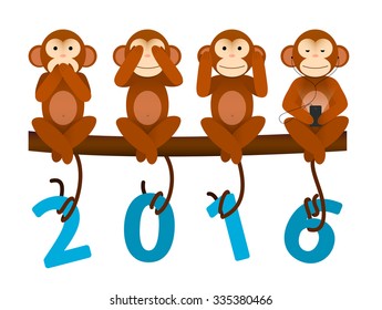 New Year greeting card with no see no hear no speak Monkey for year 2016