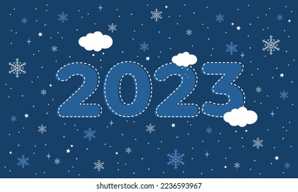 New Year greeting card. Number 2023 on a blue background with clouds, snowflakes and stars. Flat vector illustration