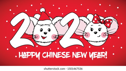 New Year greeting card with numbers and cute Mouses on red background. Zodiac rat of 2020 chinese year. Vector illustration.