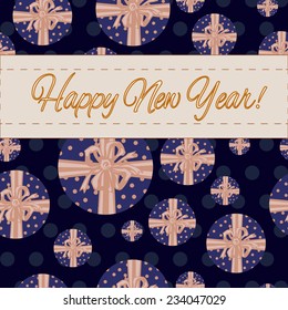 New Year greeting card on seamless background with present boxes. Clipping mask is used, vector illustration. 