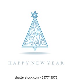 New Year greeting card. Openwork Christmas tree. 