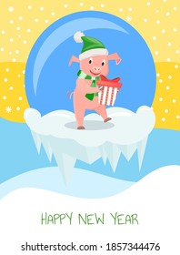 New Year greeting card, pig in hat and scarf with gift box, zodiac symbol. Animal in elf costume, domestic livestock piglet vector on icy cliff in ball