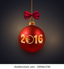 New Year greeting card, postcard, decorative red bauble with golden text 2016 and monkey symbol, vector illustration