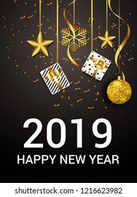 New year Greeting Card & poster or flyer.  new year typography, beautiful shiny background &vector illustration, with gift box and golden snowflakes.