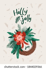 Tarjeta de saludo o afiche de Año Nuevo. corona navideña con elementos florales de invierno. Ilustración vectorial en estilo plano sobre fondo blanco.