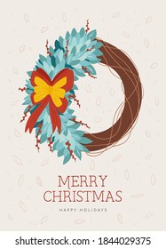 New Year greeting card or poster. Christmas wreath with winter floral elements. Vector illustration in flat style on white background.