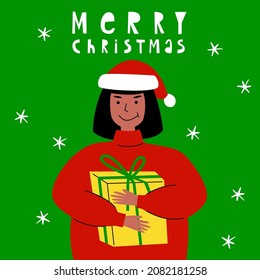 New Year greeting card, poster drawn in cartoon style. Pretty girl holding a gift. Colorful vector illustration.