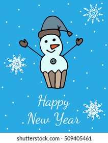 New Year greeting card or poster with snowman on blue background vector illustration.