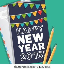 New Year greeting card ready for use. Bold handwritten typography with colorful flags.